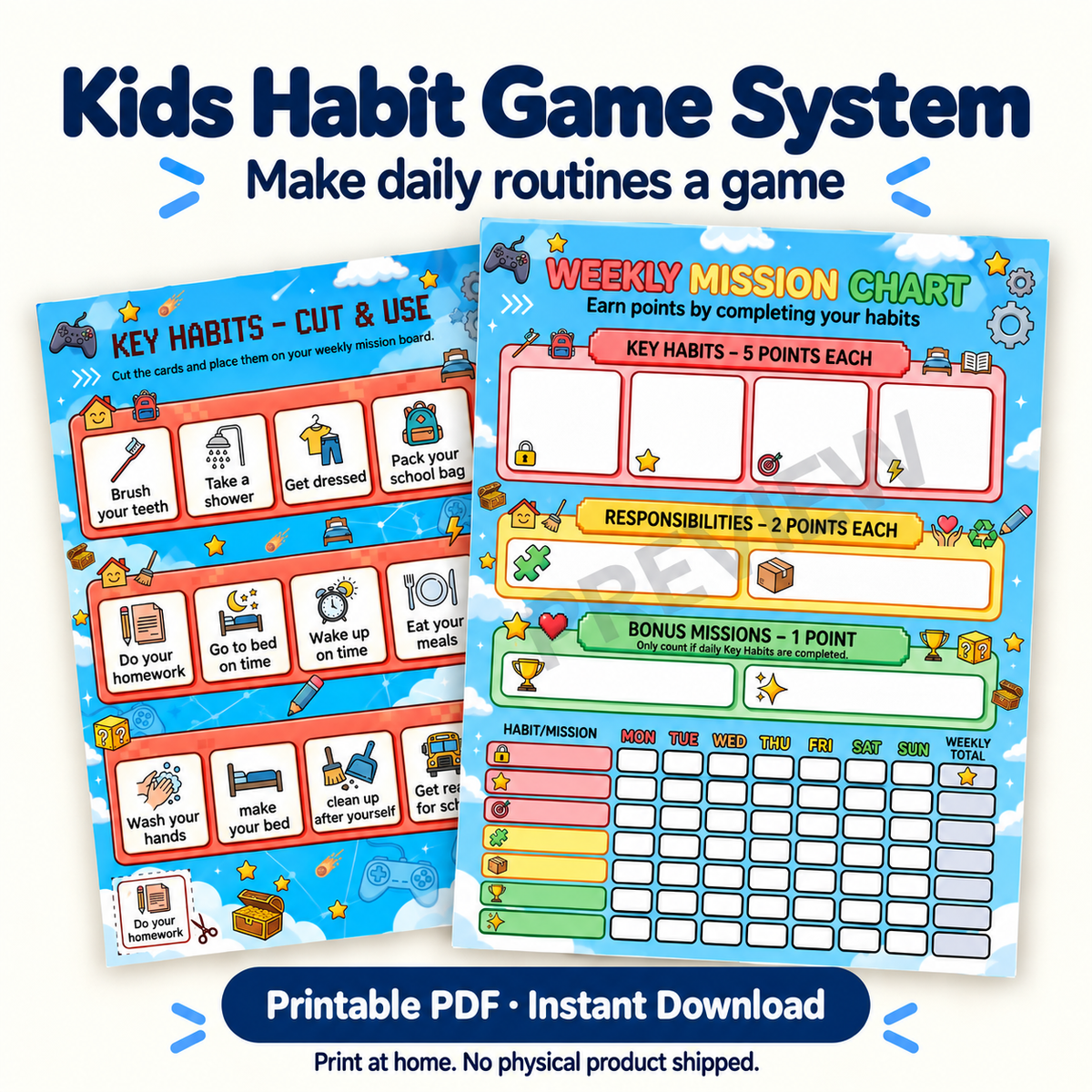Kids Habit Game System printable PDF with Weekly Mission Chart and Key Habits cards.