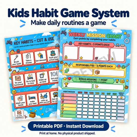Kids Habit Game System printable PDF with Weekly Mission Chart and Key Habits cards.
