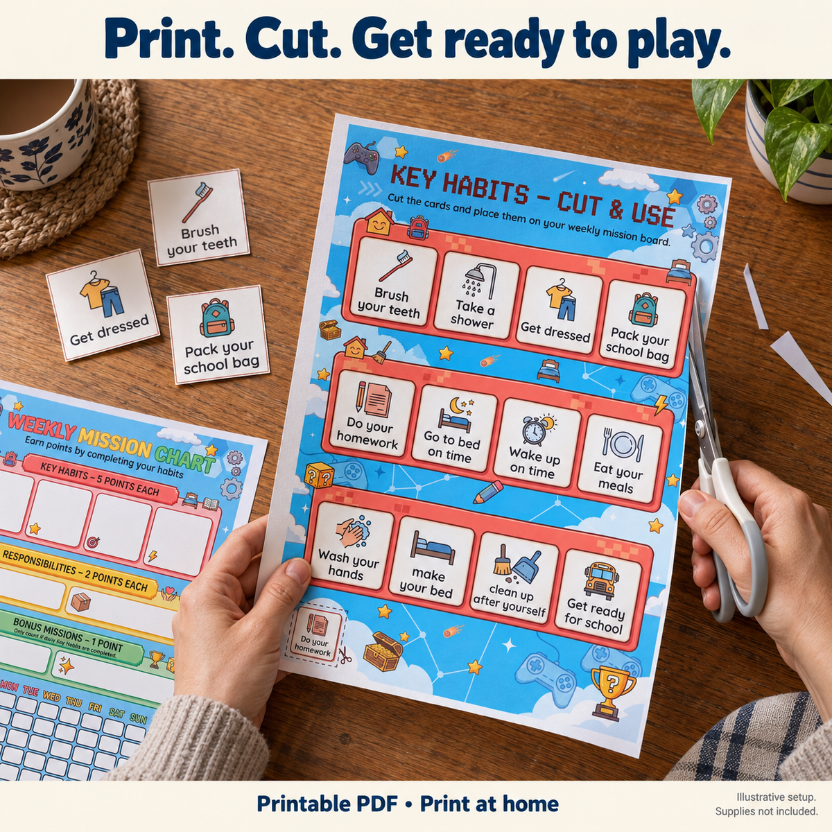 Illustrative setup showing printable habit cards being cut at a table; supplies not included.