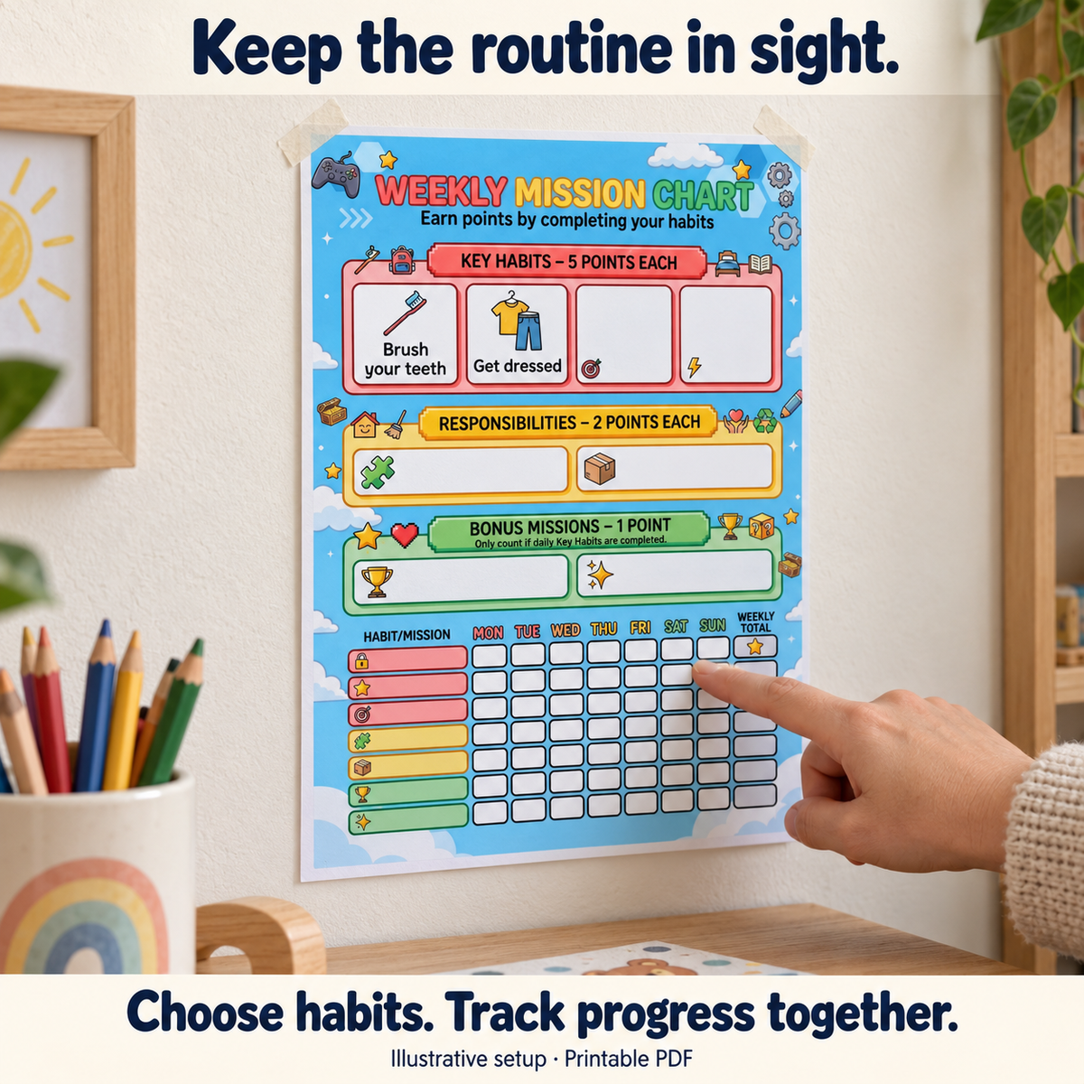 Illustrative wall setup of the Weekly Mission Chart with selected Key Habits.