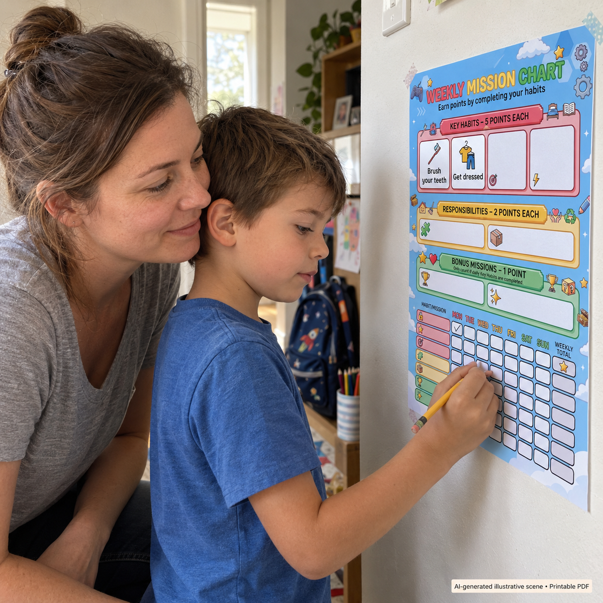 AI-generated illustrative scene of a mother and child using the Weekly Mission Chart at home.