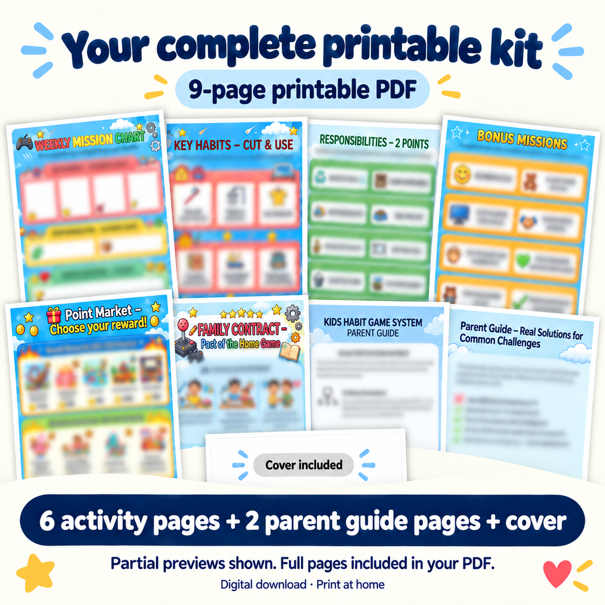 Nine-page printable kit: six activity pages, two parent guides and cover, with clear titles and blurred content previews.